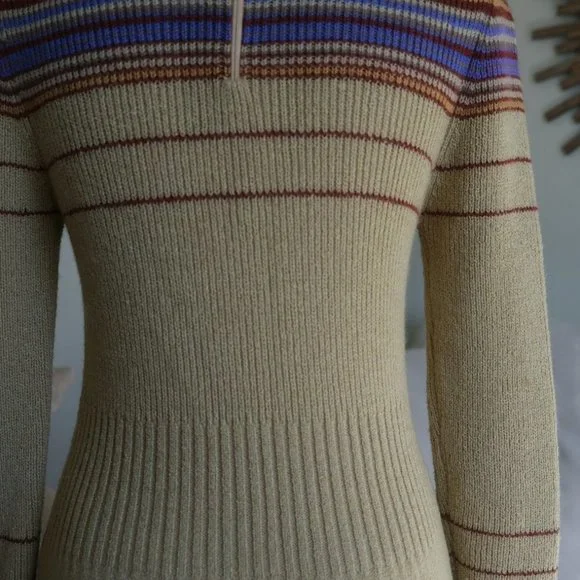 Vintage Bargello Knitted Camel Colored Striped Turtleneck Sweater Dress - Picture 6 of 11